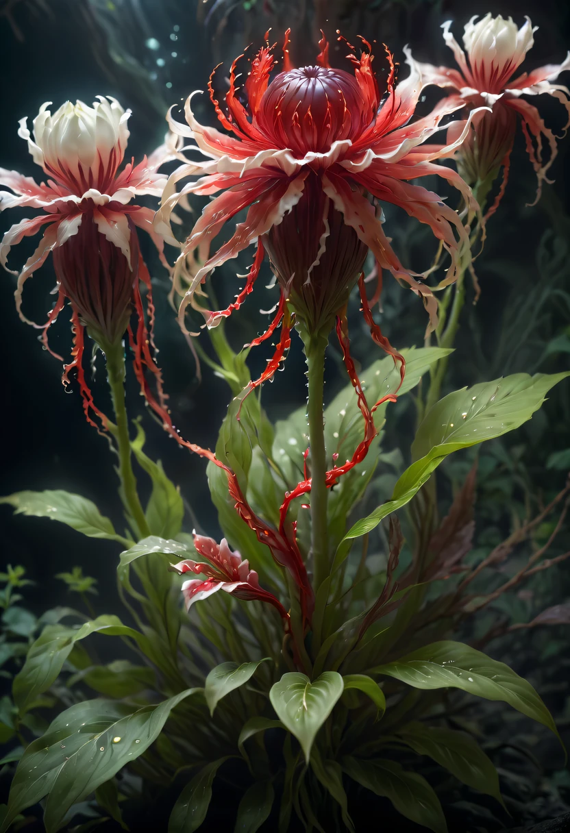 Magical plant from the abyss, the ghost flower, ghost flower,Blood-red tentacles stare at the dead，carismatic，Incredible，terror