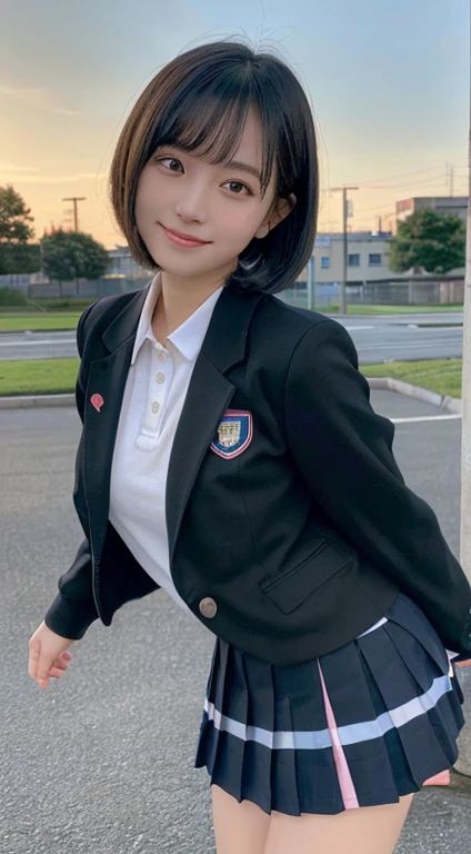 (top-quality,8K picture quality,masterpiece:1.3),(超A high resolution,Photorealsitic:1.4,Raw photography),(ultra-detailliert,Caustics,Detailed background),(Ultra-realistic capture,Beautifully detailed skin,perfect anatomia),((Take a picture by bending over))、large full breasts、at the sunset,Sunset sky,school buildings,school ground,18year old,kawaii,Single eyelid,Black hair short bob,((School Blazer Uniform))、((Bleated skirt))、Looking at the camera,A smile、natural soft light、