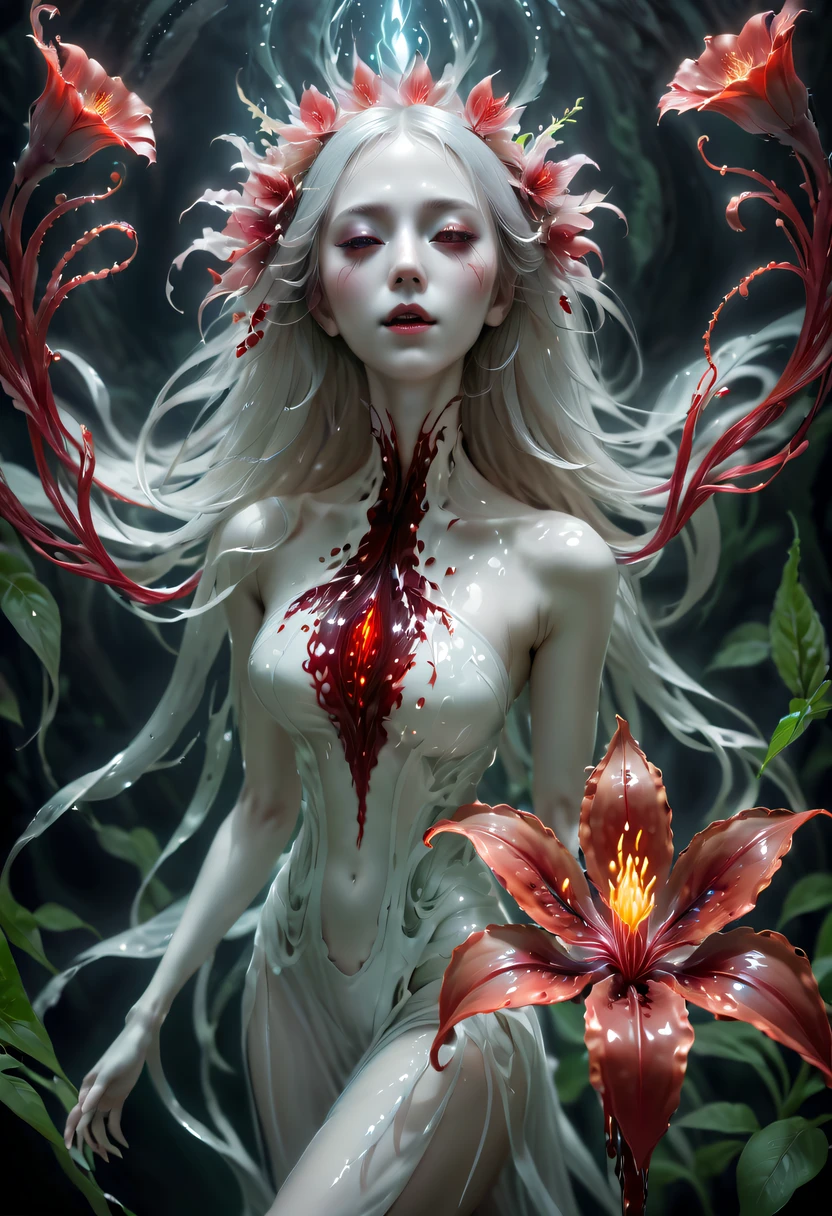 Magical plant from the abyss, the ghost flower, ghost flower,Blood-red tentacles stare at the dead,carismatic,Incredible,terror