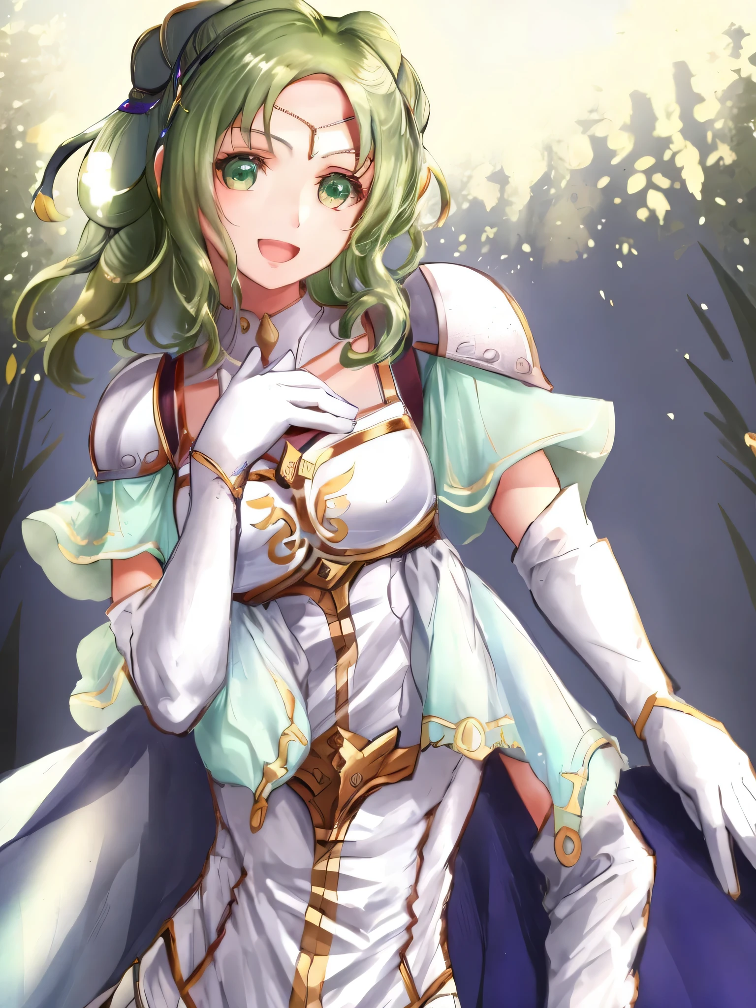 larachel fe, 1girl, solo, long hair, breasts, looking at viewer, smile, open mouth, at a cafe, gloves, upper body, elbow gloves, white gloves, cape, armor, hand on own chest, circlet, breastplate