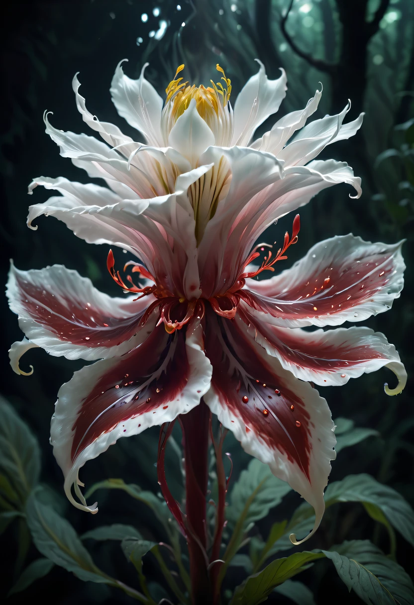 Magical plant from the abyss, the ghost flower, ghost flower,Blood-red tentacles stare at the dead,carismatic,Incredible,terror