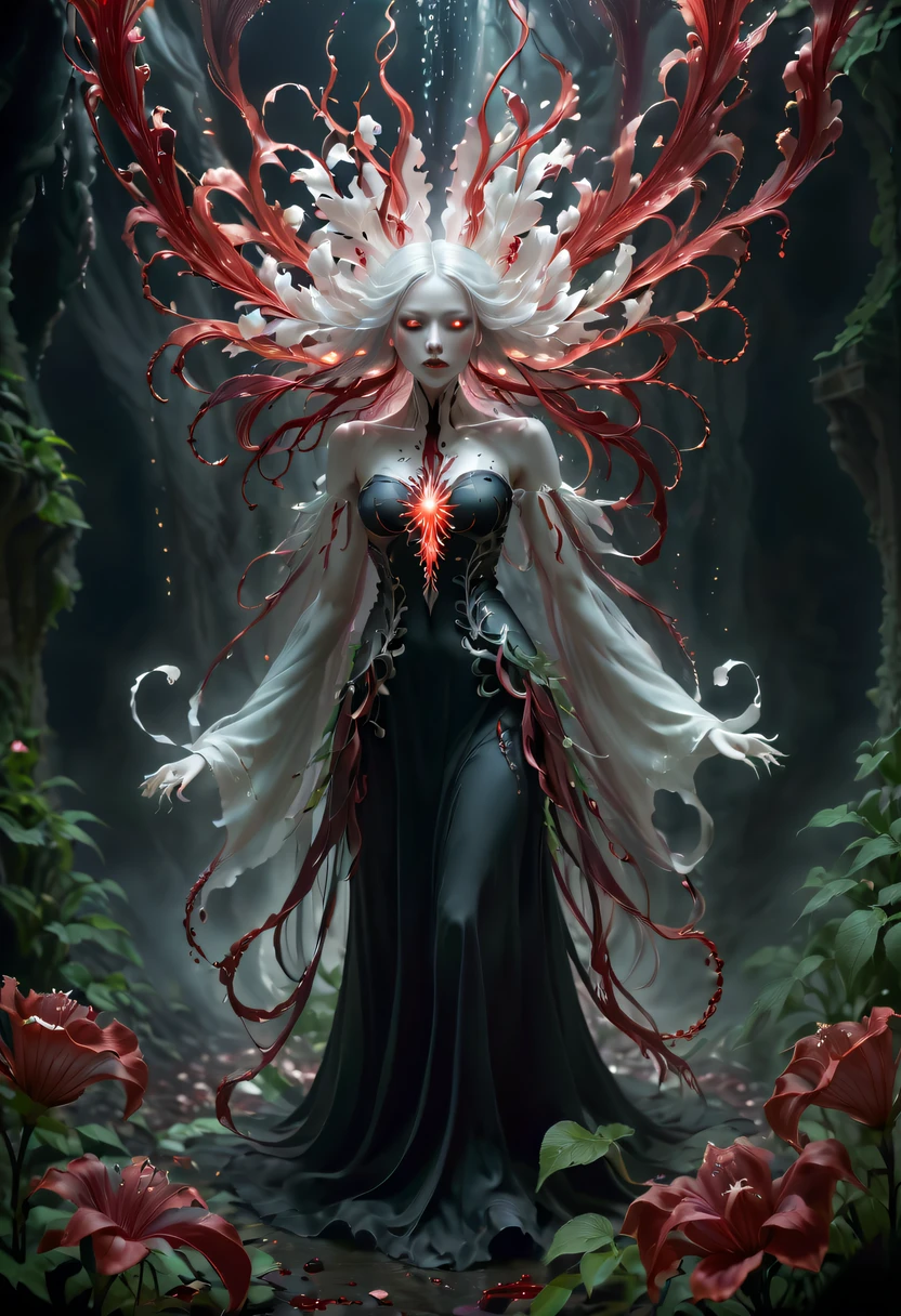 Magical plant from the abyss, the ghost flower, ghost flower,Blood-red tentacles stare at the dead，carismatic，Incredible，terror