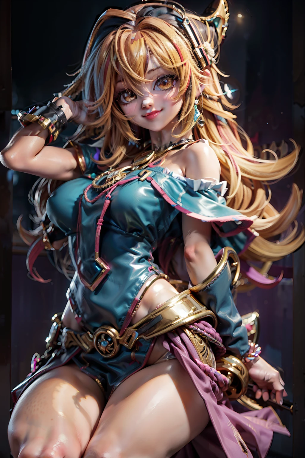 obra maestra, lleno: 1.3, estar de pie, 8k, ........3D, realista, Ultra Micro Disparo, calidad superior, Fondo de pantalla Extreme Detail CG Unity 8K, desde abajo, Detalles intrincados, (1 mujer), 18 years old, (Mago Oscuro Gils 1, tiara, traje de maga: 1.2, Giles magos oscuros: 1.2), delgada y muy larga rubia , uniforme escolar, (Cuello azul, Cuello marinero azul, Mini falda azul antes de la puerta: 1.3, Lazo rojo muy grande en el pecho: 1.3, long white latex gloves: 1.3, Guantes rojos en los codos, Very large red bow behind the waist: 1.1, El escote se ve grande, tiara de Oro, pendientes), (Detalles de la cara: 1.5, ojos azules brillantes, Cara hermosa, Hermosos ojos, ojos brillantes, labios finos: 1.5, Thin and Sharp Pale Eyebrows, Long Dark Eyelashes, Double tabs), Lujosas joyas doradas, delgado, Delgado y musculoso, petty face, pechos grandes, proporciones perfectas, Cintura delgada, Pose de modelo sexy, poros visibles, sonrisa seductora, manos perfectas: 1.5, High Leg Swimwear, Very fine and tight white holographic leather with high gloss, Renderizado de octanaje, very dramatic image, Luz natural fuerte, luz del sol, Exquisite lighting and shadow, Dynamic Angle, DSLR, foco nítido: 1.0, Maximum clarity and sharpness, (fondo de magia y batalla , Antecedentes detallados)