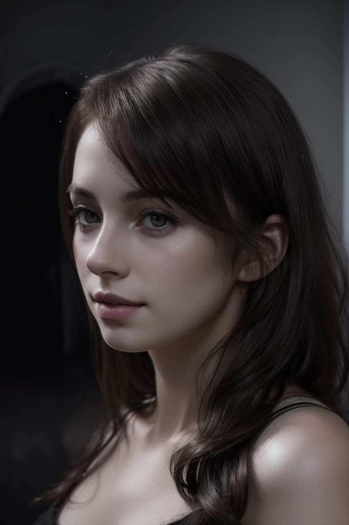 (RAW photo, best quality), ((Nostalgia,1980s syle)),(A girl with a literary atmosphere:1.2),(realistic, photo-realistic:1.3), extremely delicate and beautiful, Amazing, finely detail, masterpiece, ultra-detailed, highres,best illustration, best shadow,intricate,depth of field,(closeup portrait of a young beautiful woman:1.2),long hair,messy hair,((((low key,dark scene,dimly lit)))),(((soft lighting:1.4))),(pale skin:1.4),(shy smile),(cinematic angle),sharp focus, volumetric fog, 8k UHD, DSLR, high quality,( film grain:1.4), Fujifilm XT3,(looking at viewer), pale skin