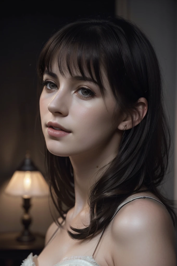 (RAW photo, best quality), ((Nostalgia,1980s syle)),(A girl with a literary atmosphere:1.2),(realistic, photo-realistic:1.3), extremely delicate and beautiful, Amazing, finely detail, masterpiece, ultra-detailed, highres,best illustration, best shadow,intricate,depth of field,(closeup portrait of a young beautiful woman:1.2),long hair,messy hair,((((low key,dark scene,dimly lit)))),(((soft lighting:1.4))),(pale skin:1.4),(shy smile),(cinematic angle),sharp focus, volumetric fog, 8k UHD, DSLR, high quality,( film grain:1.4), Fujifilm XT3,(looking at viewer), pale skin