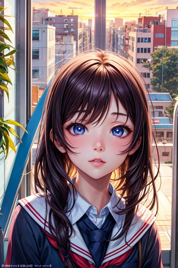 (hyper realisitic), (8K), (Extremely detailed), (Best Illustration), Beautiful detailed eyes, (Best Quality), (Ultra-detailed), (masutepiece), (Wallpaper), Anime girl looking out the window at school, Beautiful Anime Portrait, lofi portrait at a window, Beautiful anime girl, lofi portrait, lofi-girl, Portrait Anime Girl, artwork in the style of guweiz, high quality portrait, with sunset, charming anime girls, Cute anime girl, realistic cute girl painting, Anime style. 8K, School uniform,full body,