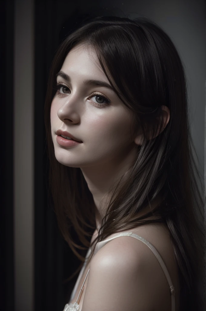 (RAW photo, best quality), ((Nostalgia,1980s syle)),(A girl with a literary atmosphere:1.2),(realistic, photo-realistic:1.3), extremely delicate and beautiful, Amazing, finely detail, masterpiece, ultra-detailed, highres,best illustration, best shadow,intricate,depth of field,(closeup portrait of a young beautiful woman:1.2),long hair,messy hair,((((low key,dark scene,dimly lit)))),(((soft lighting:1.4))),(pale skin:1.4),(shy smile),(cinematic angle),sharp focus, volumetric fog, 8k UHD, DSLR, high quality,( film grain:1.4), Fujifilm XT3,(looking at viewer), pale skin