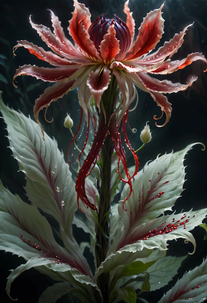 Magical plant from the abyss, the ghost flower, ghost flower,Blood-red tentacles stare at the dead,carismatic,Incredible,terror