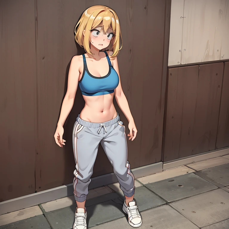Sexy woman, blue sports bra, grey sweatpants, sneakers, outside, full body, crowded city, embarassed, shy, sexy, standing