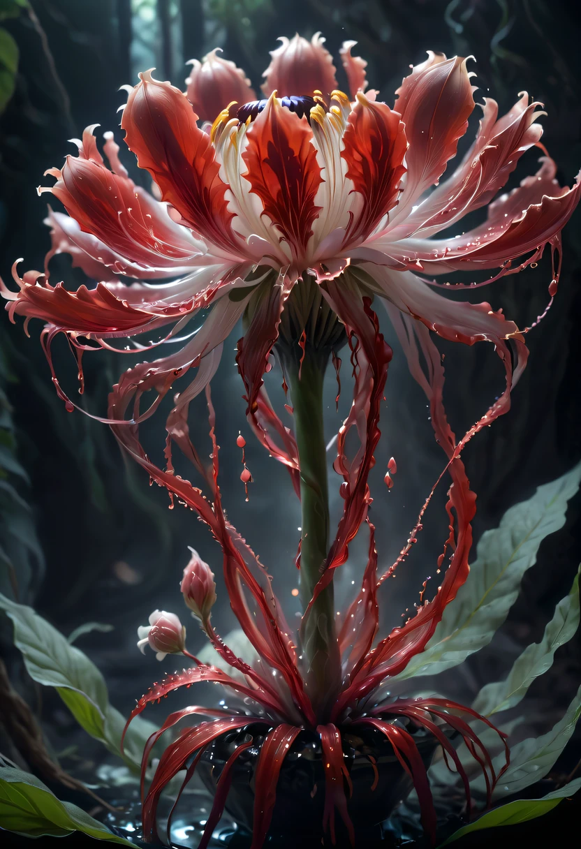Magical plant from the abyss, the ghost flower, ghost flower,Blood-red tentacles stare at the dead,carismatic,Incredible,terror