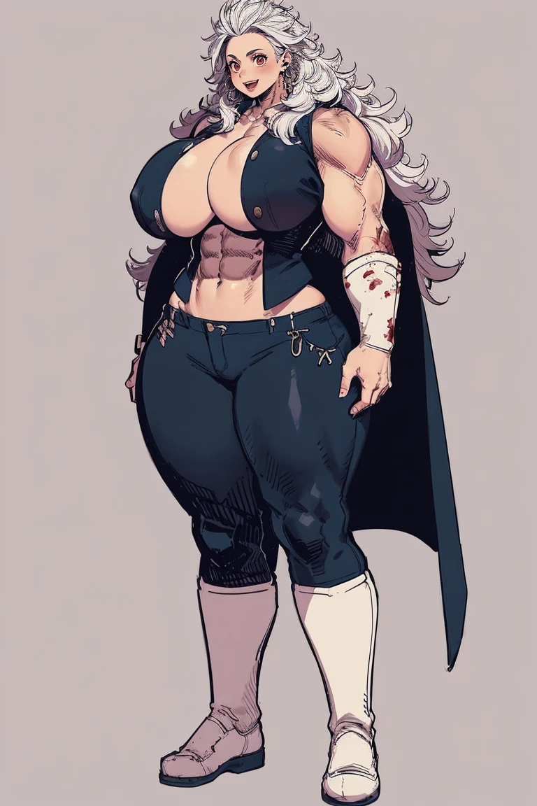 noi, big breast,white boots, pants,cloak, musclegirl, standing,, smile, long hair, catedral, vest, portrait, full body, thick thighs, thick arms, wide hips,pants, large breast, huge breast,boots