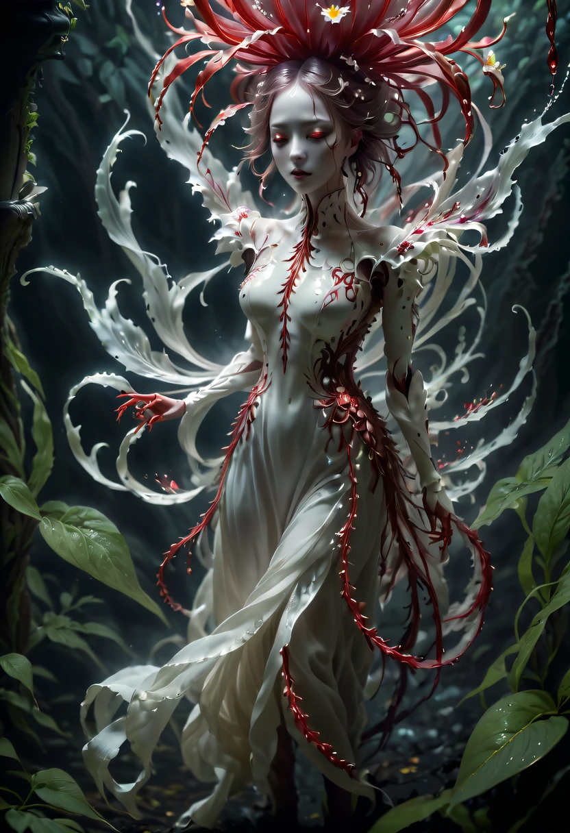 Magical plant from the abyss, the ghost flower, ghost flower,Blood-red tentacles stare at the dead，carismatic，Incredible，terror，Wrapped purple magic lightning, epic magic power, The corolla shines brightly, Electric Power Branch, epic thunderstorm, terror冲击, Surreal, Crazy, Whimsical, Octagonal rendering, iintricate,