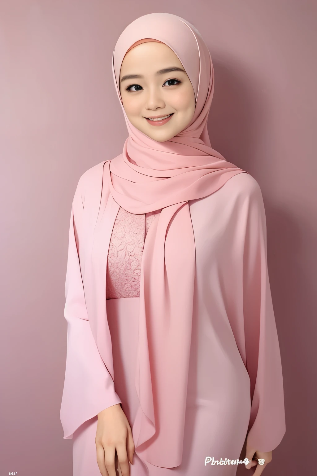 1 malay girl , plain cotton hijab,  happy, big smile, medium portrait shot , glances eyes , pink glowing particles, wear pastel pink cotton bra and panties, pink light bokeh background, proportional body,