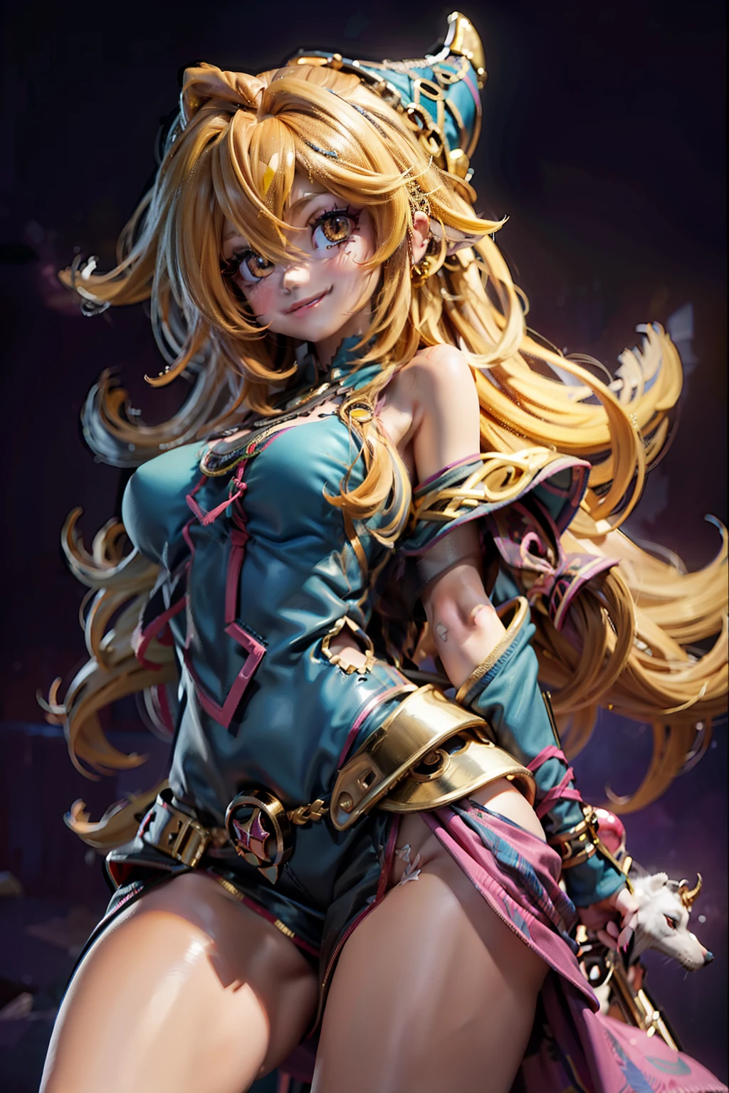 anime, Mujer, solamente, Cabello largo, They are smiling, debajo de los senos, cabello rubio dorado,  cabello lacio desordenado, cabello encrespado,  ojos amarillos dorados, cuerpo completo,  Orejas de caballo, Conjunto de punk rock,