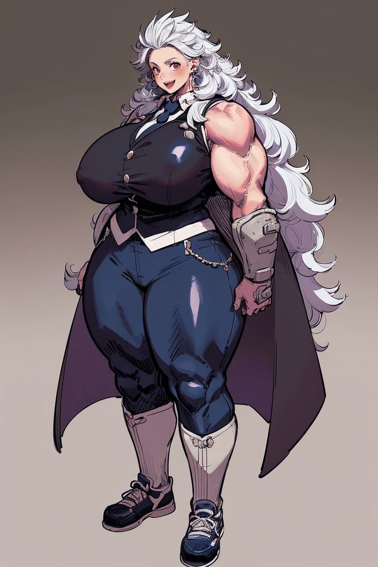 noi, big breast,white boots, pants,cloak, musclegirl, standing,, smile, long hair, catedral, vest, portrait, full body, thick thighs, thick arms, wide hips,pants, large breast, huge breast,boots