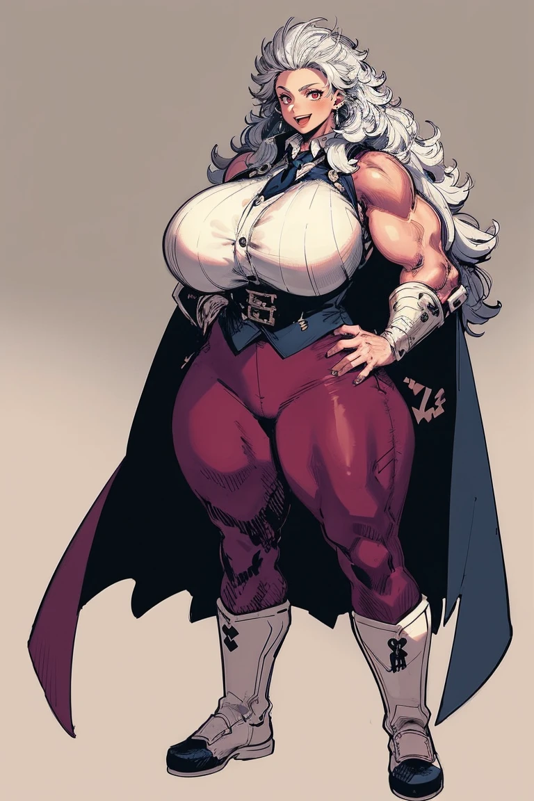 noi, big breast,white boots, pants,cloak, musclegirl, standing,, smile, long hair, catedral, vest, portrait, full body, thick thighs, thick arms, wide hips,pants, large breast, huge breast,boots