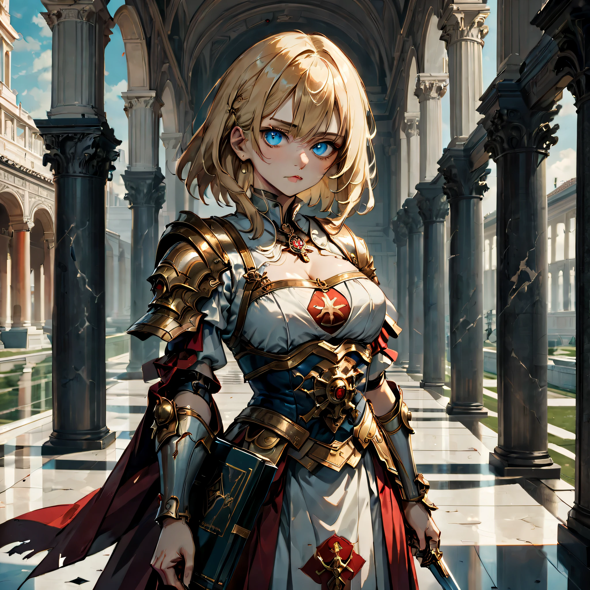 A ((noble-Mature-woman)) born on an Imperial world, blonde hair, sky-eyes, elegantly dressed in Roman Noble attire. (In one hand she holds a sword), in the other hand a sacred book, signifying her allegiance to the Imperial Creed. (Portrait). (Eye-level). Background: The halls of an Imperial palace, with gothic architecture and war-torn banners, reflecting the harsh reality of the 40k universe. Stark lighting casting dramatic shadows. (symmetrical eye), best quality, masterpiece, ultra-detailed, 8k, depth of field, cinematic composition.