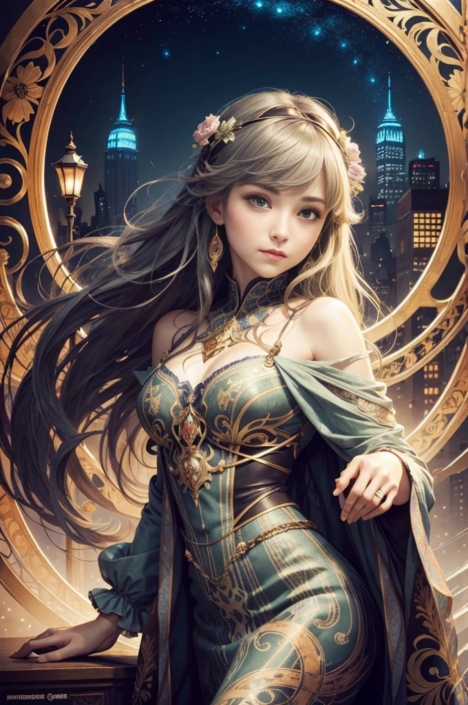 Highly detailed eyes、nase、Beautiful work々eyes and face、Beautifully dressed girl with long eyelashes and two skirts、sexy pose、Bright background、Night view of the city、super realistic studio light, Colorful and mysterious atmosphere、Awesome concept art、Alphonse Mucha's Art Style、Soft and warm colors、Soft lighting、tome'tome'tome'tome'tome'tome'tome'tome'tome'tome'tome'tome'tome'It's a mysterious atmosphere。,This scene is、Dianna Agron with a beautiful night view of New York in the background、wearing a torn spiderman suit、sexy poseで立っている姿を描きました.......、This is Alphonse Mucha、tome is an abstract realistic painting with intricate and intricate details..。.。