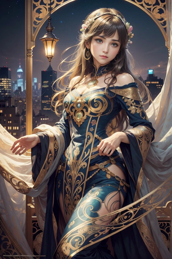 Highly detailed eyes、nase、Beautiful work々eyes and face、Beautifully dressed girl with long eyelashes and two skirts、sexy pose、Bright background、Night view of the city、super realistic studio light, Colorful and mysterious atmosphere、Awesome concept art、Alphonse Mucha's Art Style、Soft and warm colors、Soft lighting、tome'tome'tome'tome'tome'tome'tome'tome'tome'tome'tome'tome'It's a mysterious atmosphere。,This scene is、Evangeline Lilly with a beautiful night view of New York in the background、wearing a torn spiderman suit、sexy poseで佇む姿を描きました......、This is Alphonse Mucha、It is an abstract realistic painting with intricate and intricate details..。.。