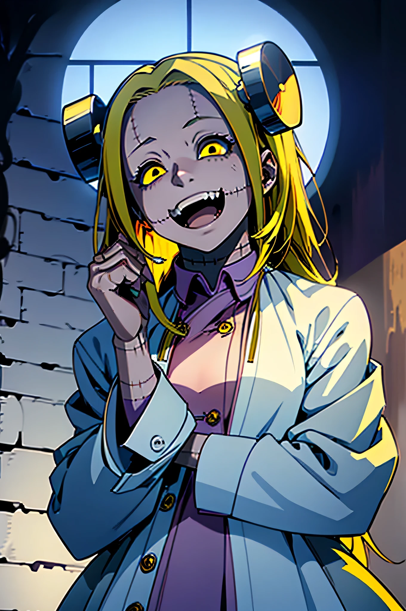 Madaraki_Fran,A  girl ,(((Laughs a lot))),Happy,brush your teeth,the madhatter ,surgeon&#39;gown ,Clean hands, hairlong , yellow hair,seams , Scars on the body , A creepy look , scary eyes , An intimidating look , creepy smile , bags under eyes, ((((Tired))))