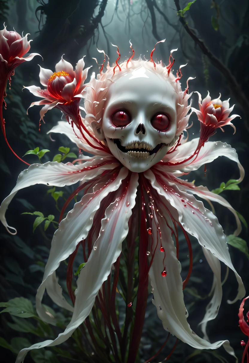 Magical plant from the abyss, the ghost flower, ghost flower,Blood-red tentacles stare at the dead，carismatic，Incredible，terror