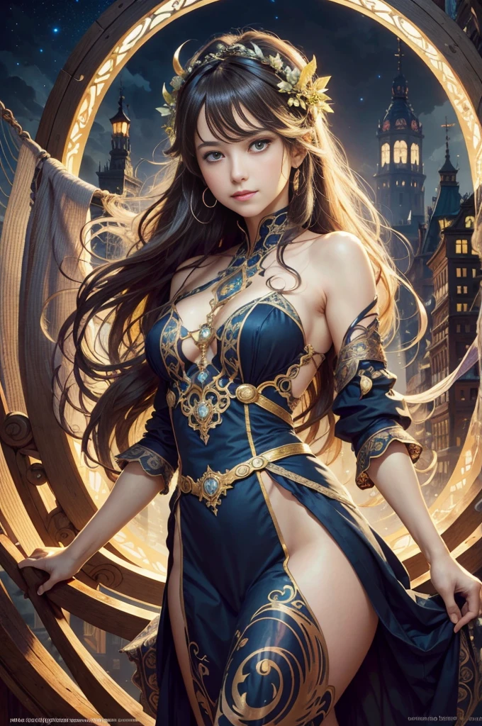 8k image of a beautiful cyborg with long hair, Des yeux bleus brillants portant un minuscule micro bikini complexe, elegant, highly detailed, majestueux, digital photography, Art by Artgerm and Ruan Jia and Greg Rutkowski surrealist painting [Filigree Gold Butterfly], Broken glass, (Masterpiece, side lighting, finely detailed beautiful blue eyes: 1.2), HDR Glowing Wet Skin Shining Glowing