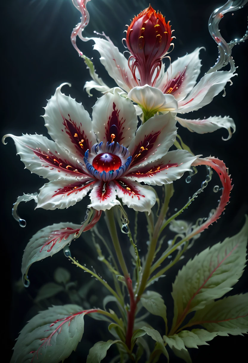 Magical plant from the abyss, the ghost flower, ghost flower,Blood-red tentacles stare at the dead,carismatic,Incredible,terror