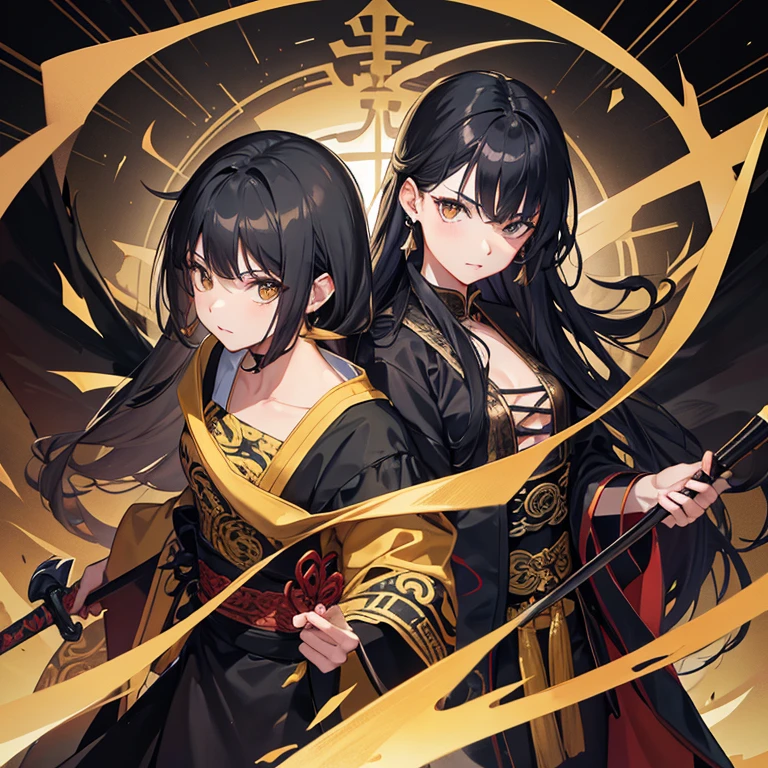 Men black and gold clothes,Black bandana, Black hair bundles, black and gold snake, 砍下youkai的头, behead, youkai, lightning bolt, firestorm, Stormy weather,Espada,Robes, monarch, gray long knife, chinesedragon, , chinese painting style, Thangka style
