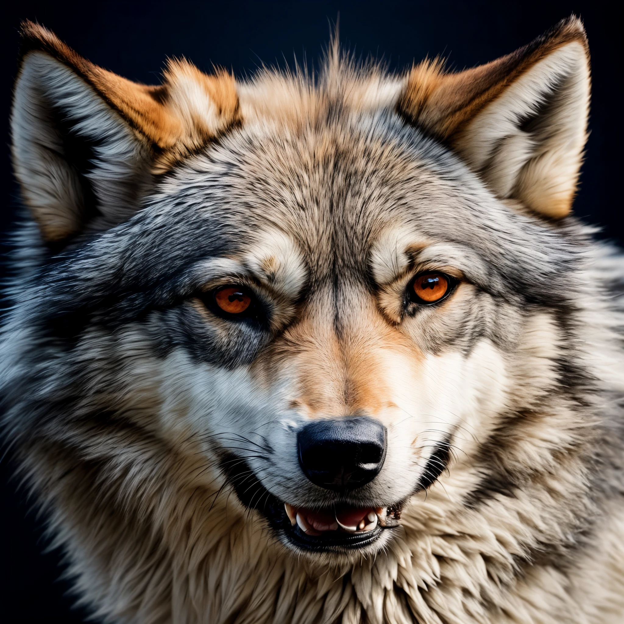Logo image of a wolf's head which has red eyes on the right and blue eyes on the left, using a plain black background the image of the wolf is very clear and real