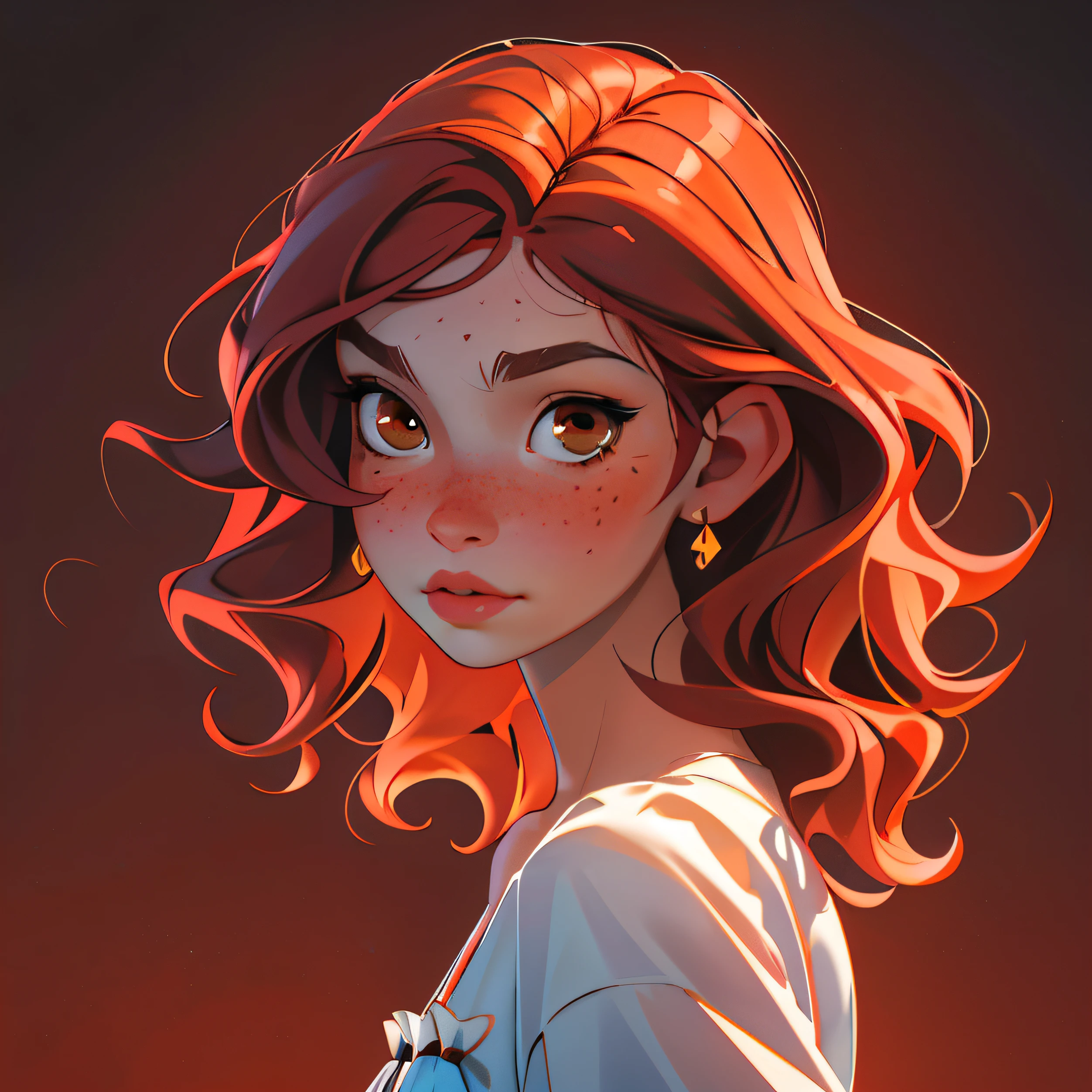 (Best quality,4K,8k,high resolucion,Masterpiece:1.2),clair-obscur,1fille,Clavicule,wavy hair,Regarder le spectateur,Flou,Haut du corps,Rousseur,cheveux roux,sun light,cheveux de feu,yeux bruns