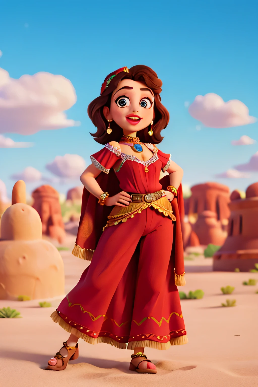 Brown-haired woman, Arabian Gypsy, Gypsy Costume, A desert, skyporn + Clouds, Red Lipstick, Big lips, Big eyes, Cheerful Disney/Pixar-style characters