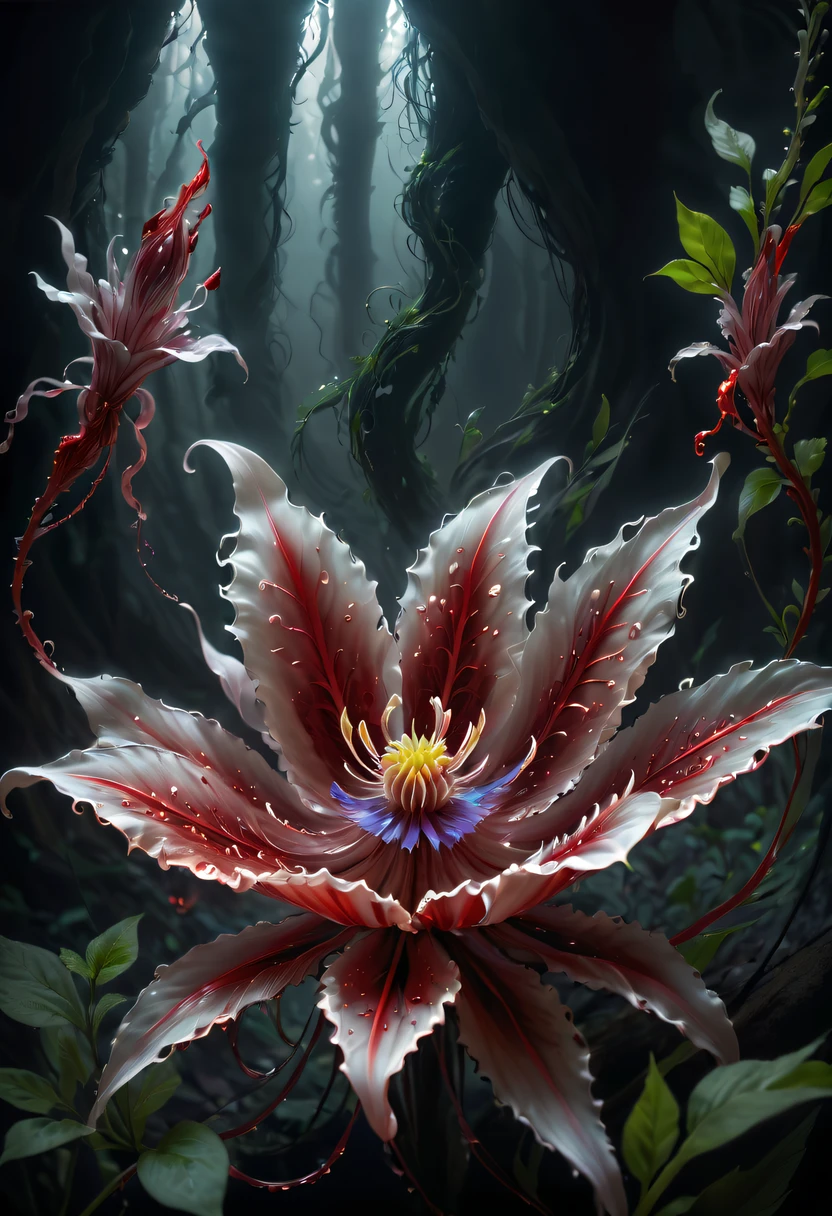 Magical plant from the abyss, the ghost flower, ghost flower,Blood-red tentacles stare at the dead,carismatic,Incredible,terror