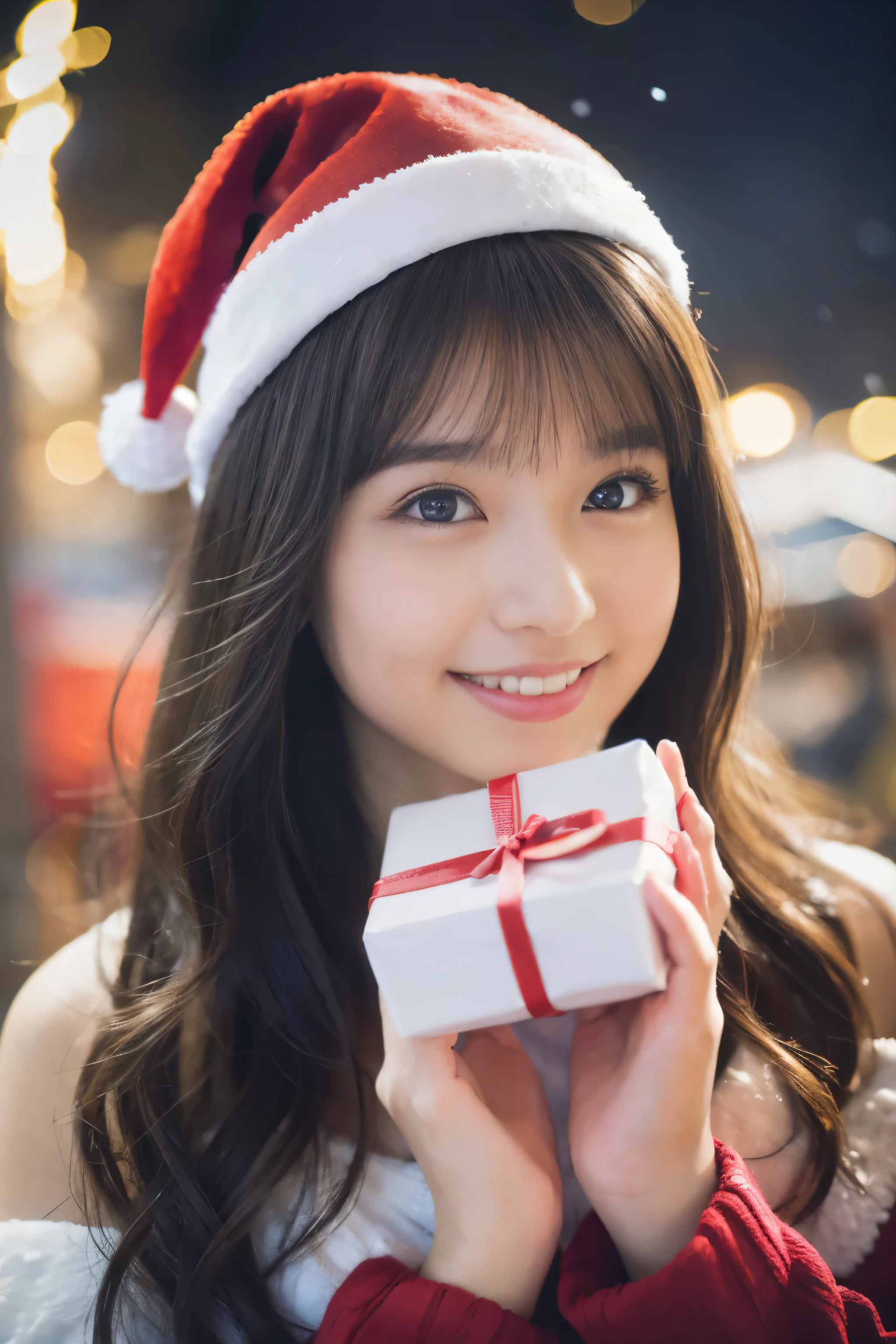 christmas eve girl,Beautiful detailed eyes,Beautiful detailed lips,extremely detailed eye and face,long eyelashes,Christmas themed clothing and accessories,Cute smile,Enjoy the festival atmosphere,Comes with a beautifully wrapped gift box,outdoor snow scene,soft vibrant colors,Warm and cozy lighting,Portraits,Snowflakes falling in the background,delicate snow details,Twinkling lights,There was joy and excitement in her eyes...........,zora々Innocence,High Quality Illustrations(4K,hight resolution,masutepiece:1.2),dreamy ambiance、8 years old girl、a baby face、childish、off shoulders、A smile