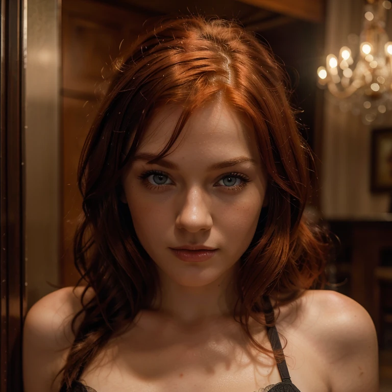 Caucasian red hair middle 20 years girl, fit, staring at the viewer, realistic wearing a 50s style dress sexy cleavage somewhere in Los Angeles, glowing blue eyes, intense, solodramatic lightinasterpiece:1.2), best quality, high resolution, beautiful detailed, extremely detailed, perfect lighting
