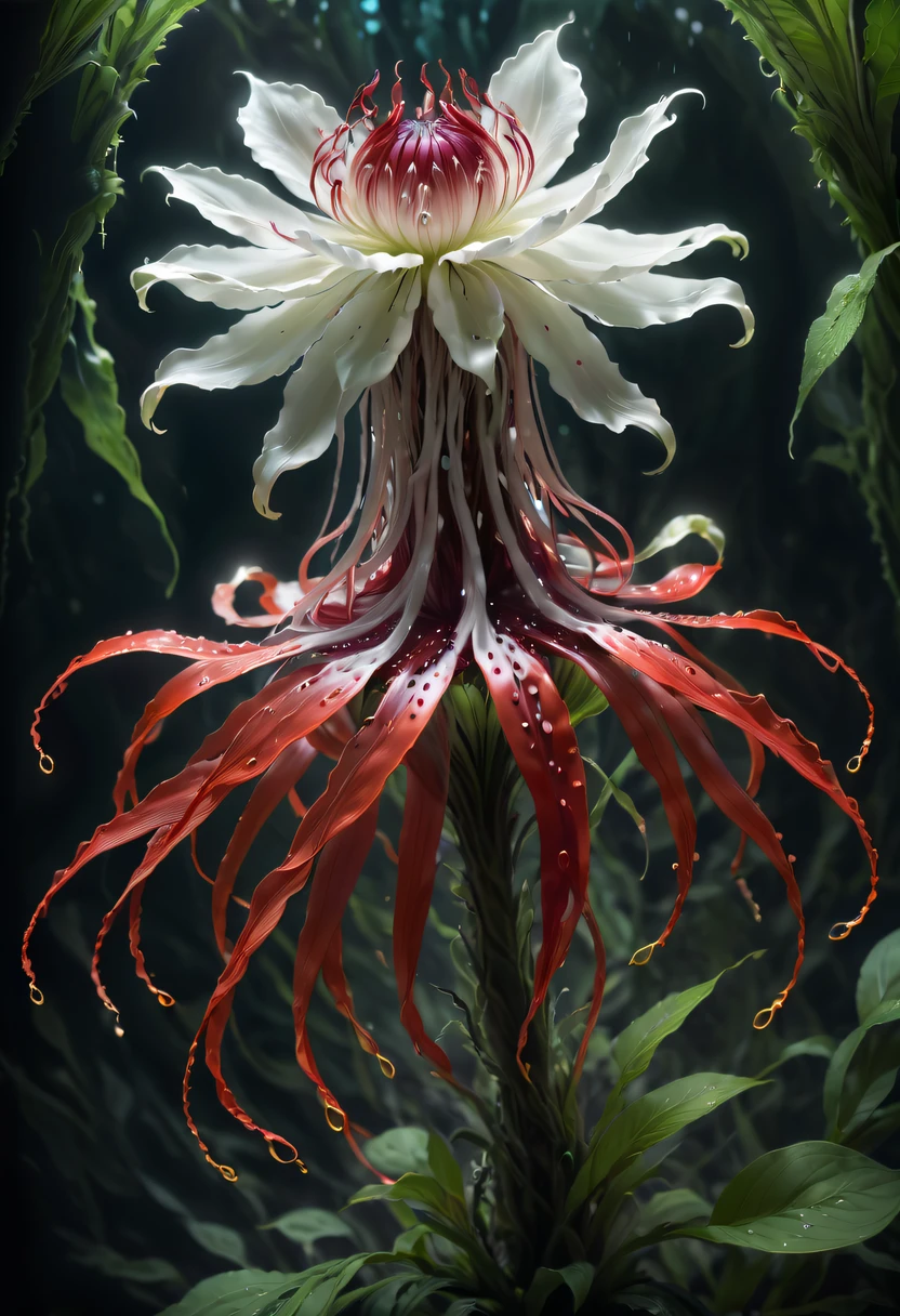 Magical plant from the abyss, the ghost flower, ghost flower,Blood-red tentacles stare at the dead，carismatic，Incredible，terror