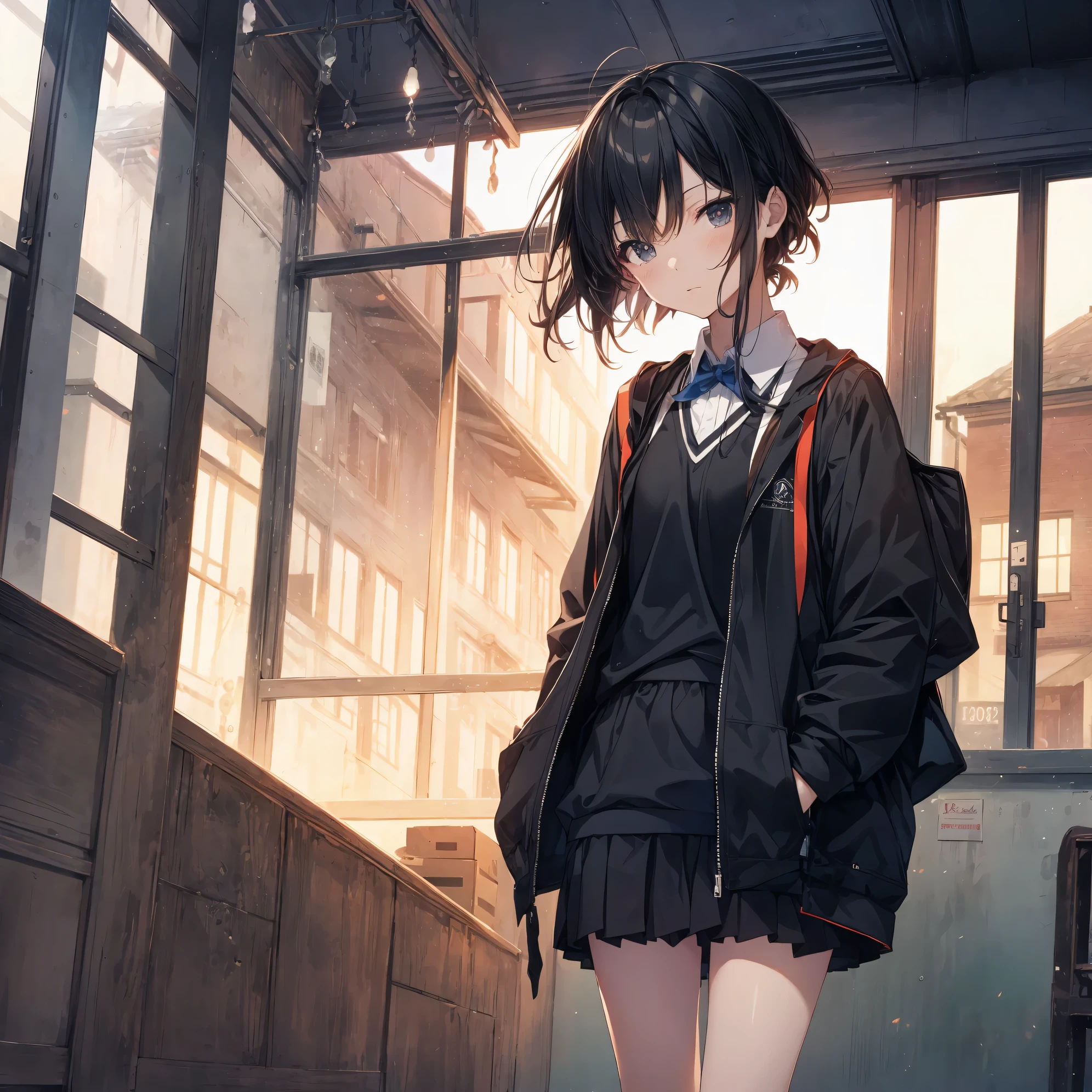 Super high quality by the art god, super detailed, High resolution, Ilya Kubshinov style, anime moe art style, best anime 8K konachan wallpaper, pixiv contest winner, perfect anatomy, break,(眠そうにalone学校へ行く女の子を描いてください. ),break, surreal high school girl, (alone,change, child,13 years old:1.3),All limbs, full finger,Middle school students, androgynous charm, ((((Ultra short hair)))), blunt short bangs, bowl cut hair, flat and soft chest, small ass, between legs, small eyes,beautiful detailed black eyes, Well-proportioned iris and pupils, Expressionless, High resolutionの詳細な髪, school uniform, (skirt), On the way to school. break,super dense skin, Best lighting by famous artists, 8K, figure,