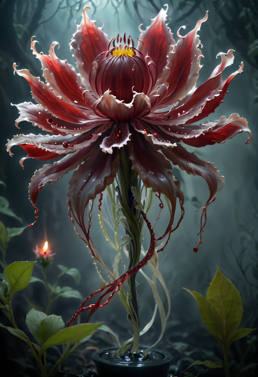 Magical plant from the abyss, the ghost flower, ghost flower,Blood-red tentacles stare at the dead，carismatic，Incredible，terror
