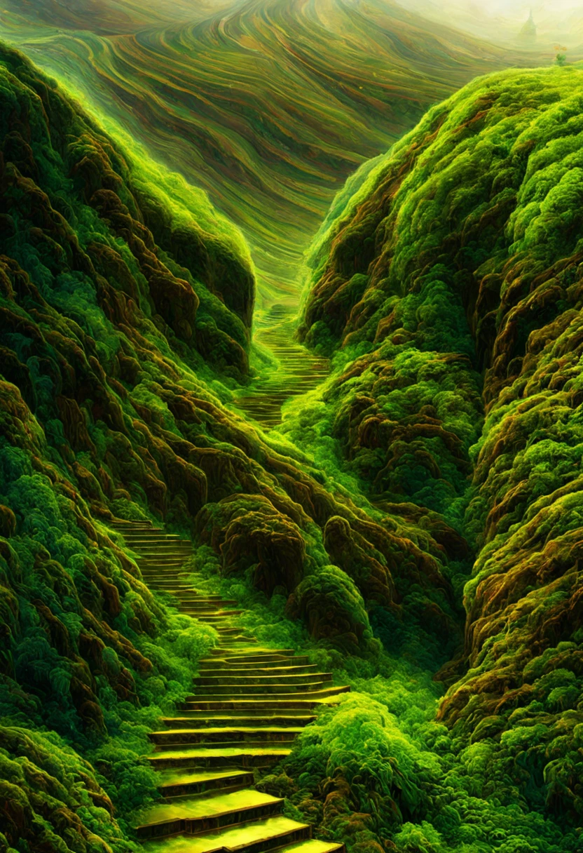 Hyperdetailed regenerative [glitch] art, (koan), matte, understated, (meditative: 1.2), (harmonic) impressionism, cerebral, (interconnected), labyrinth, (introspective), psyche, balanced and reciprocal, concept: ("Up the green slope, beneath the forest's roof, With slow, soft steps leaving the mountain's steep, And sought those inmost labyrinths, motion-proof.")