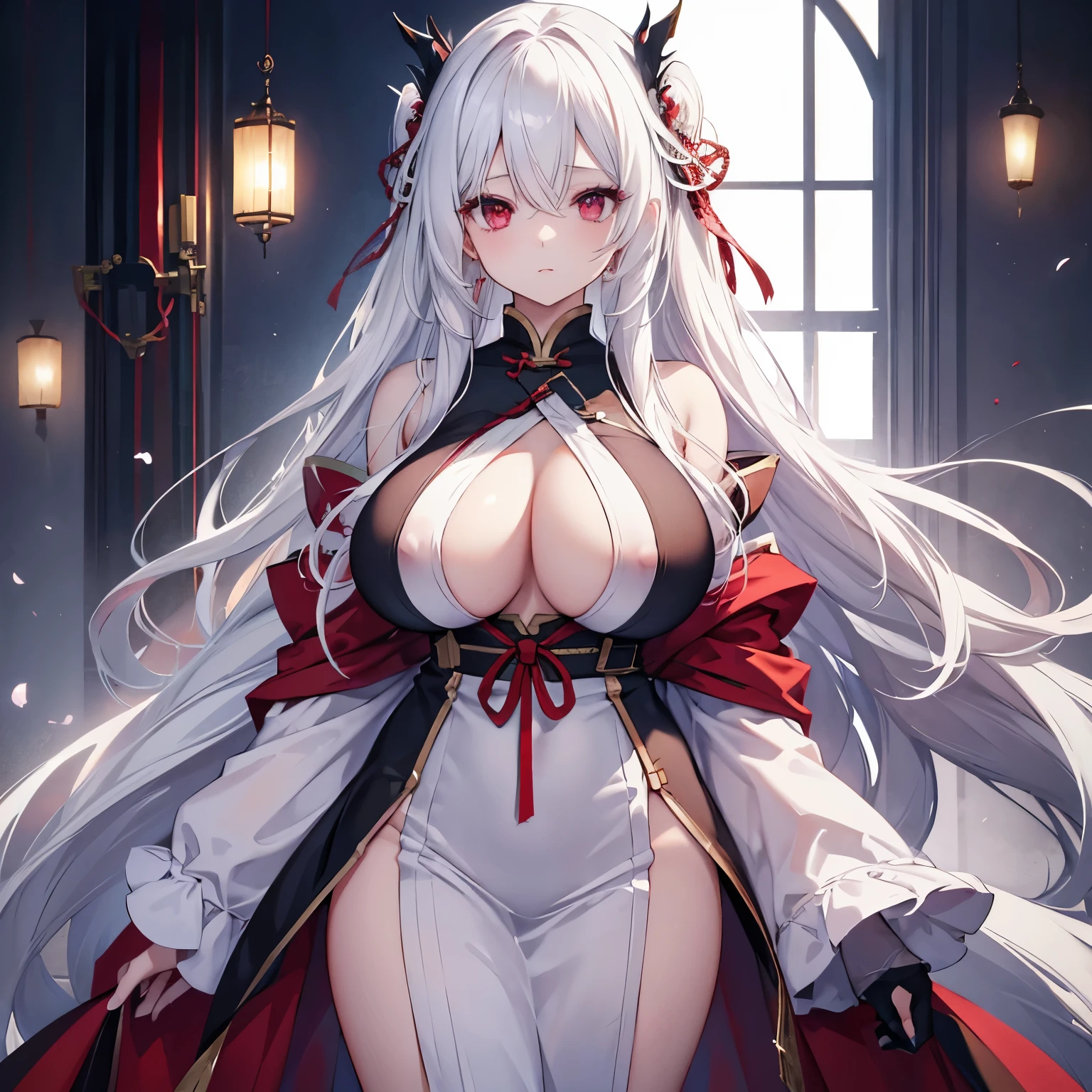 Beautiful white hair、red eyes、Clothes that make your breasts look bigger、Very big breasts、There is no clothing around the nipple area.、Long Hair Girl