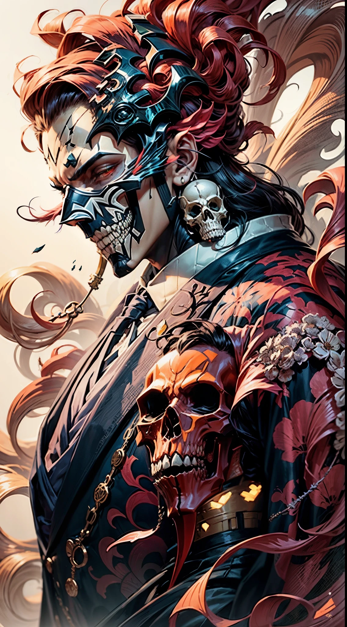 a close up of a person with a skull on his head, jc leyendecker and sachin teng, beautiful male god of death, greg tocchini, onmyoji detailed art, by Ryan Yee, villain wearing a red oni mask, nychos art aesthetic, symmetry!! portrait of hades, dapper dream demon, the king of death, sachin teng, by Oliver Sin