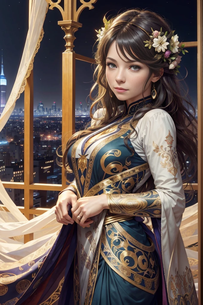 Highly detailed eyes、nase、Beautiful work々eyes and face、Beautifully dressed girl with long eyelashes and two skirts、sexy pose、Bright background、Night view of the city、super realistic studio light, Colorful and mysterious atmosphere、Awesome concept art、Alphonse Mucha's Art Style、Soft and warm colors、Soft lighting、tome'tome'tome'tome'tome'tome'tome'tome'tome'tome'tome'tome'tome'tome'It's a mysterious atmosphere。,This scene is、Evangeline Lilly with a beautiful night view of New York in the background、wearing a torn spiderman suit、sexy poseで立っている姿を描きました.......、This is Alphonse Mucha、tome is an abstract realistic painting with intricate and intricate details..。.。
