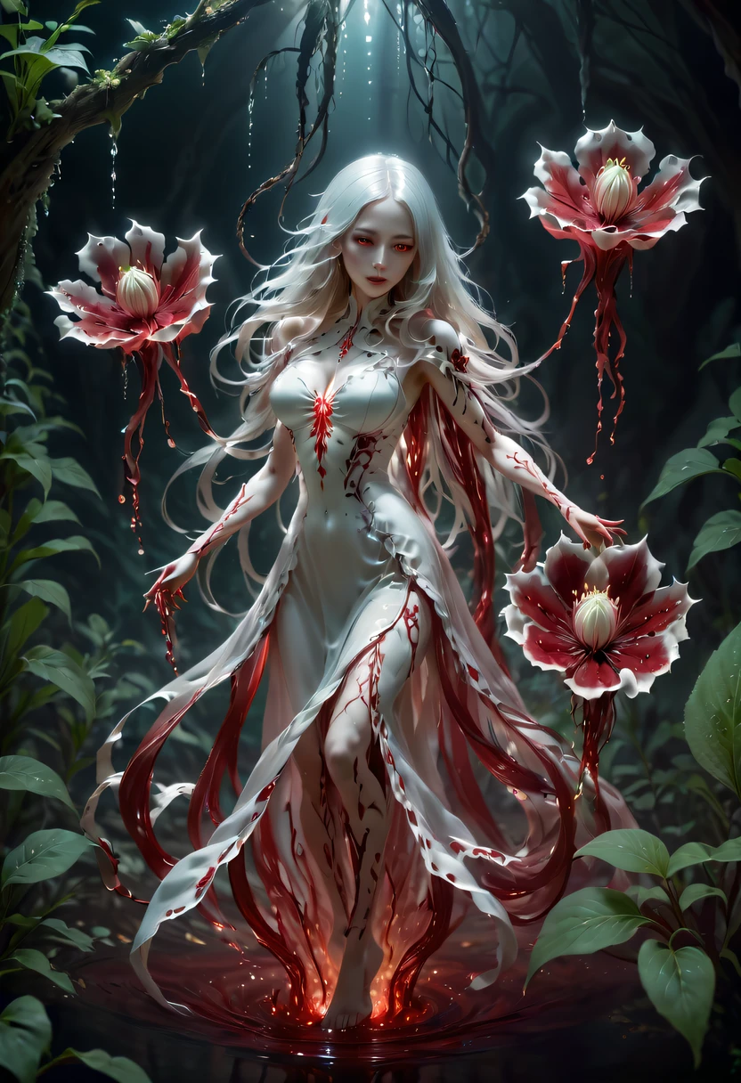 Magical plant from the abyss, the ghost flower, ghost flower,Blood-red tentacles stare at the dead，carismatic，Incredible，terror