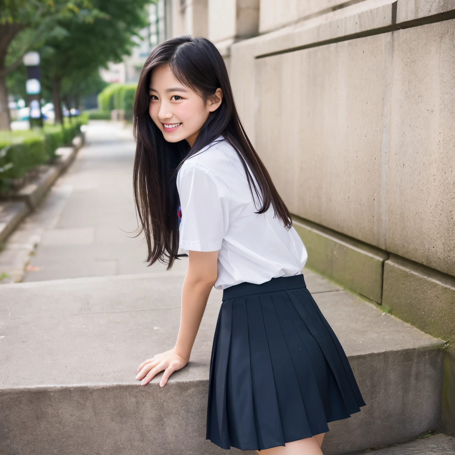 hi-school girl、a smile、Skirt combing、Panties、realisitic、Beautuful Women、、校服、A dark-haired、Cute、bashfulness