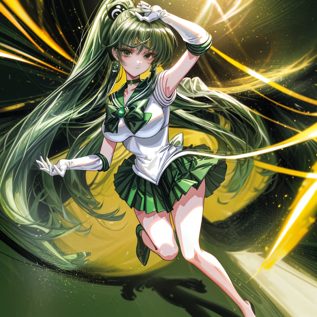 (8K, Best Quality, tmasterpiece:1.2),\(eye detailed\),\(Facial features\),(\(Detailed details of clothes\)\),(Colossal tits),full body Esbian, Super skirt,sailor moon outfit,(Facial Focus) ,Very detailed CG Unity 8K wallpaper,hugefilesize,ultra - detailed,hight resolution,absurderes,beautidful eyes,Ray traching,Dramatic shadows,Up to detail,Dramatic angles,Hyper-detailing,(Solo),anime styled、Very long straight ponytail hair、Green head hair、Green sailor color、Green Absolute Short Mini Skirt、elbowgloves、Crystal on background