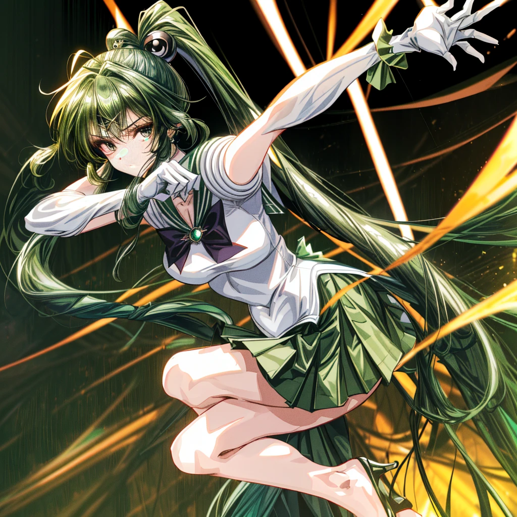 (8K, Best Quality, tmasterpiece:1.2),\(eye detailed\),\(Facial features\),(\(Detailed details of clothes\)\),(Colossal tits),full body Esbian, Super skirt,sailor moon outfit,(Facial Focus) ,Very detailed CG Unity 8K wallpaper,hugefilesize,ultra - detailed,hight resolution,absurderes,beautidful eyes,Ray traching,Dramatic shadows,Up to detail,Dramatic angles,Hyper-detailing,(Solo),anime styled、Very long straight ponytail hair、Green head hair、Green sailor color、Green Absolute Short Mini Skirt、elbowgloves、(Crystal on background:1.2)