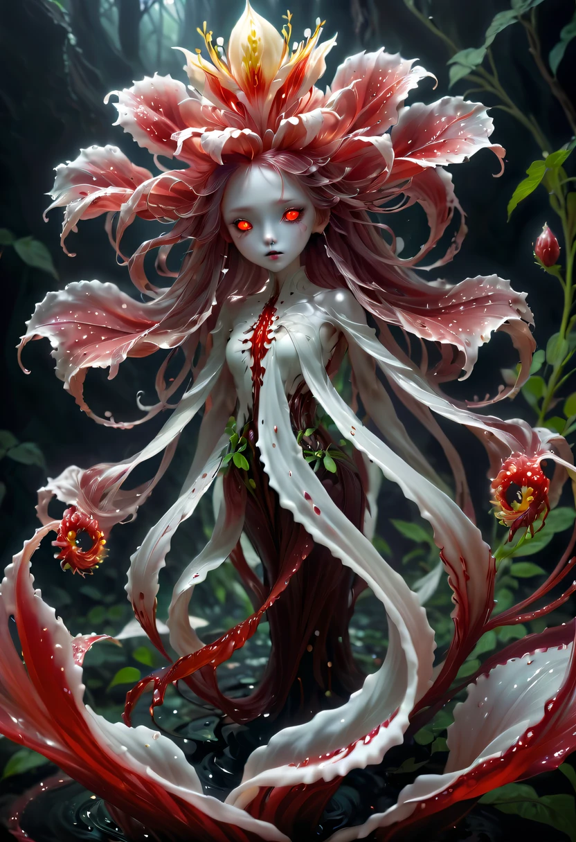 Magical plant from the abyss, the ghost flower, ghost flower,Blood-red tentacles stare at the dead，carismatic，Incredible，terror