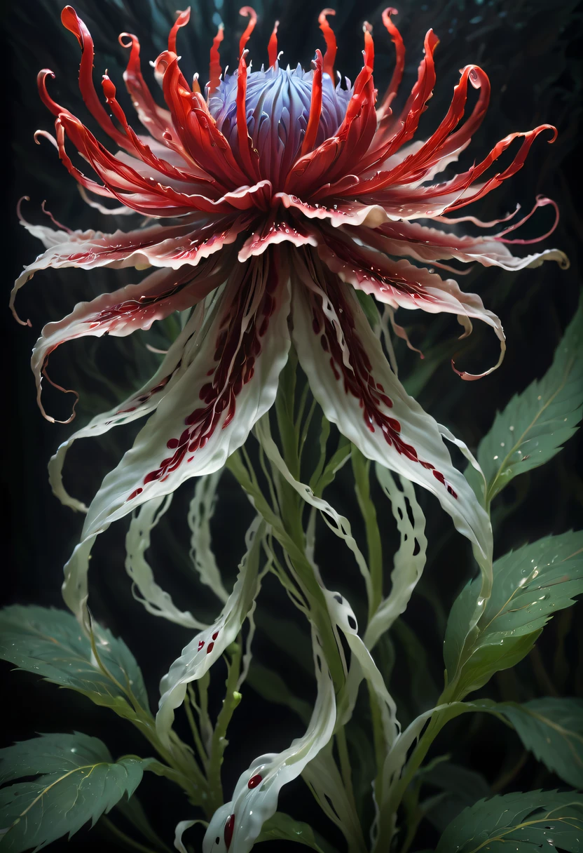 Magical plant from the abyss, the ghost flower, ghost flower,Blood-red tentacles stare at the dead，carismatic，Incredible，terror