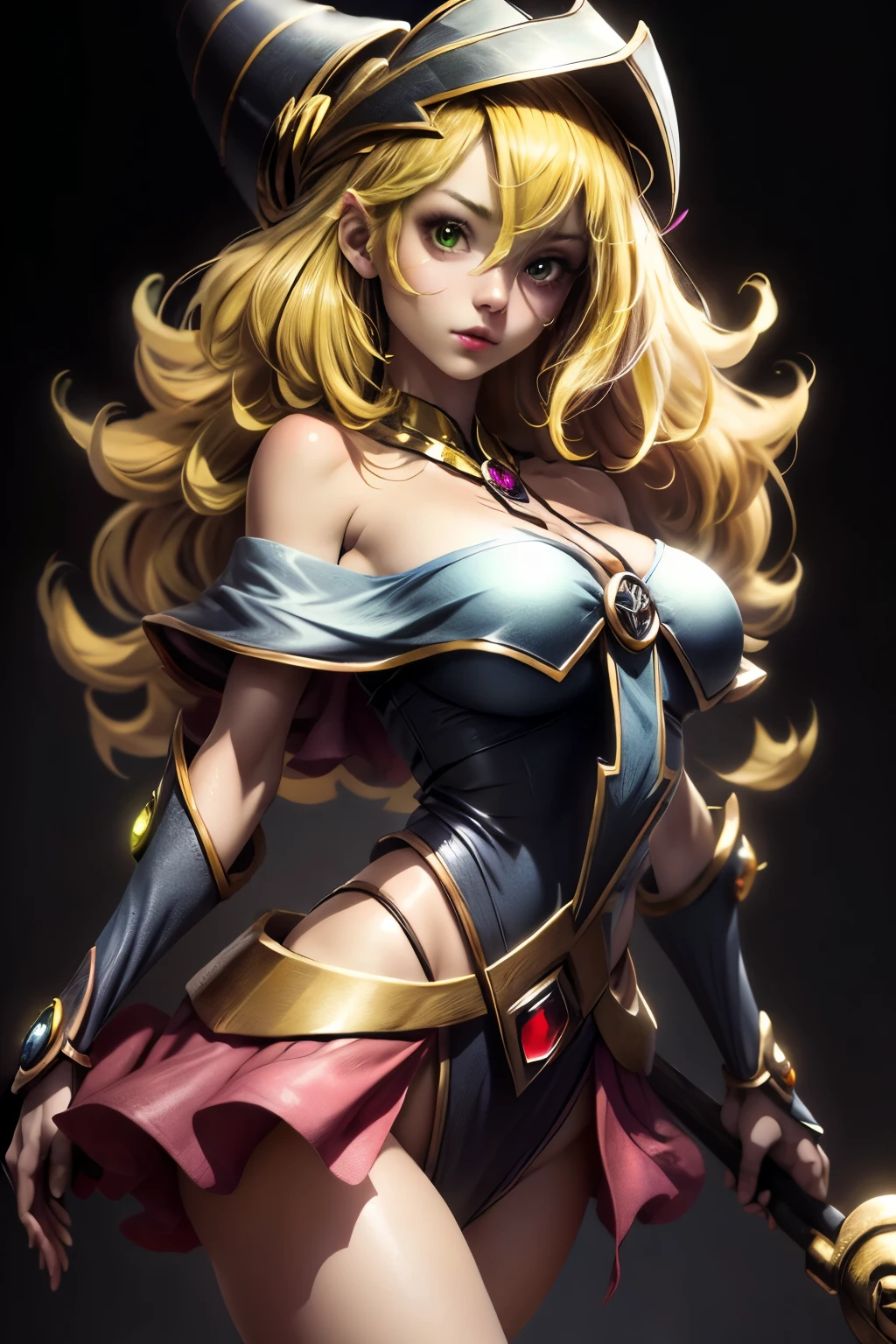 princess peach, blue eyes, sexy pink and black dress, thin, classy, black background, slick, cleavage, crown, laced bra, blonde, alluring, seductive, (2d cute anime:1.3), Vixip, pastel background, design by Yusuke Kozaki, oil by Gregory Manchess; stunningly alluring, teasing, beautiful, Hand drawing illustration. highly detailed. Cinematic lighting. By sumic.mic