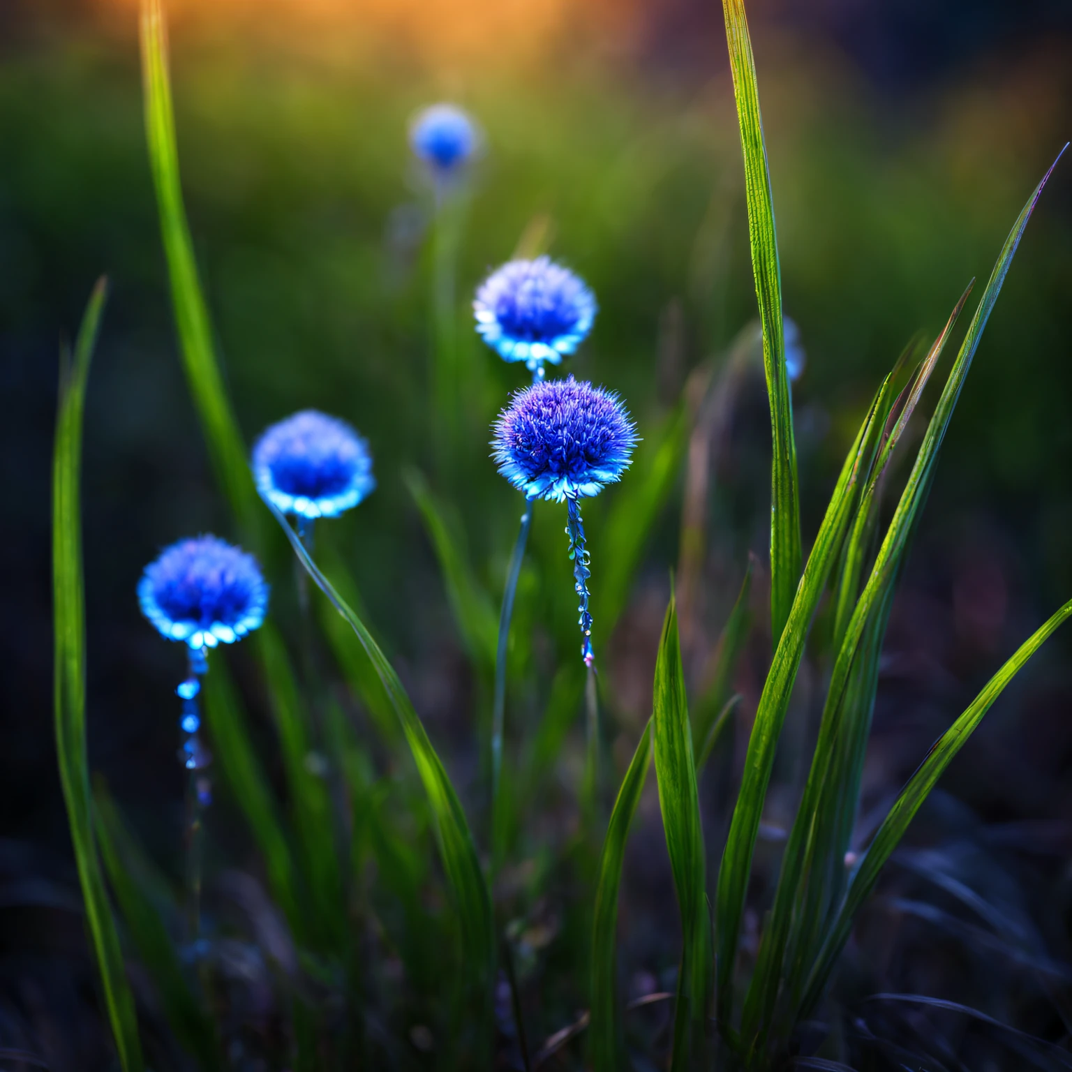Macro photography, Evening time of the day, Close-up of magical plants in tall grass., Among the tall grass растут маленькие волшебные неоновые цветы.., small magical flowers look like glass, transparent and glow with a magical blue light.., little magical plants are very beautiful, Little magical plants have long thin leaves, which rise up and touch the glowing magic balls., Among the tall grass, fabulous magical plants with their own details, great depth of field, Hi-Def, Extremely realistic, Extremely detailed, cinematic treatment, HDR, Photorealistic, tmasterpiece