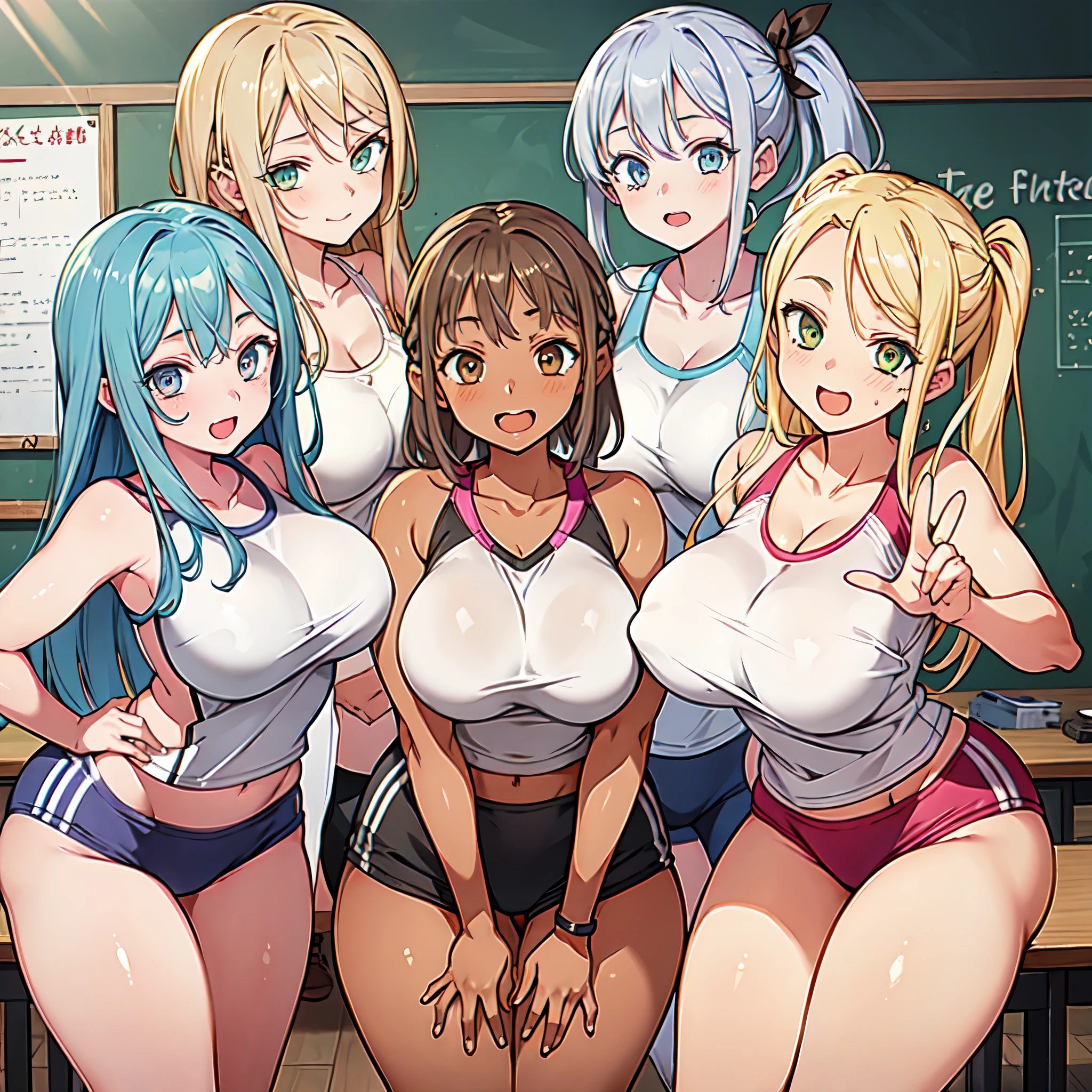 (masterpiece), maximum quality, (Colorful:1.1), (5 girls, group shot:1.4), (slim body:1.1), (huge tits:1.5), (dark skin:1.1), (muscles:1.1), blonde  hair, Silver hair, Twin tails, braid, forehead, (leaning forward:1.4), (Open  mouth, happy smile:1.1), (wink:1.2), peace sign, (buruma , gym uniform:1.1), (Classroom:1.1), blackboards